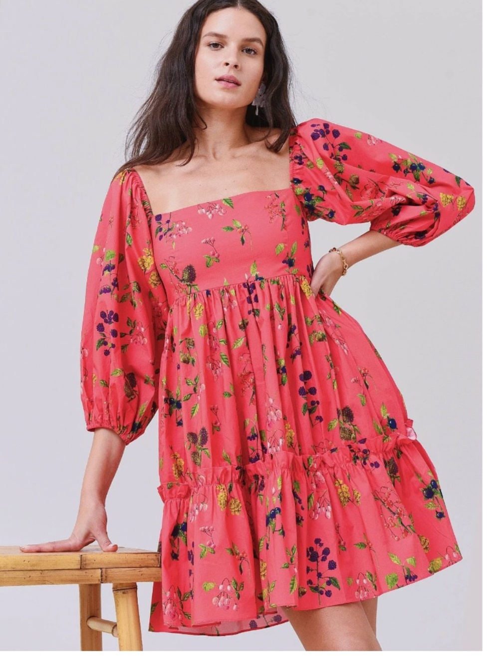 Cara Cara Pink Floral Puff-Sleeves Mini Poplin Dress XS
